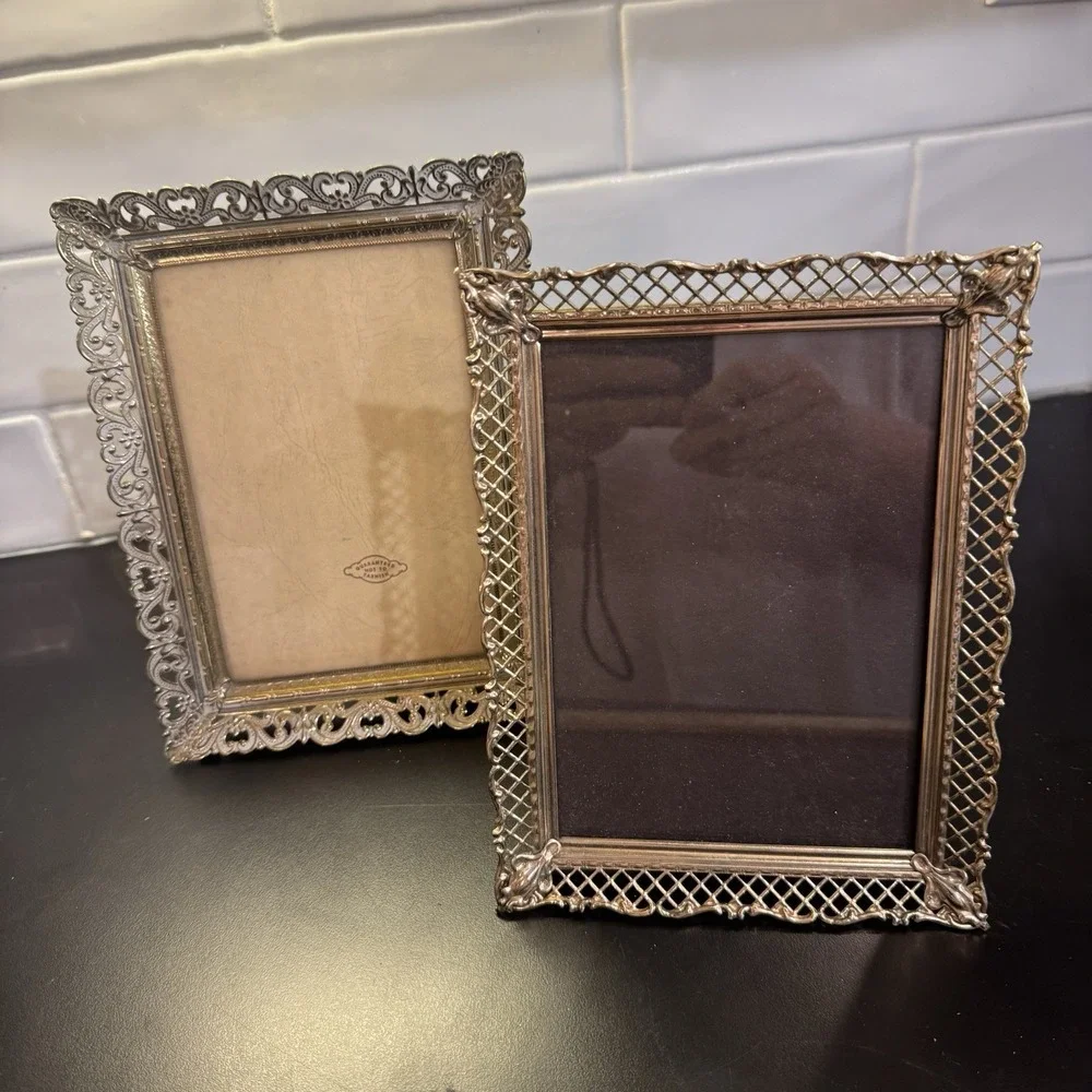 2 Vintage Fancy Gold Metal Filigree Ornate Picture Frame 5 X 7 with Clear Glass